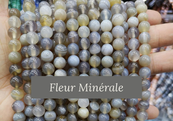 Perles — Agate Grise Rubanée perle ronde — Réf. JDYMN34-75 — Fleur Minérale